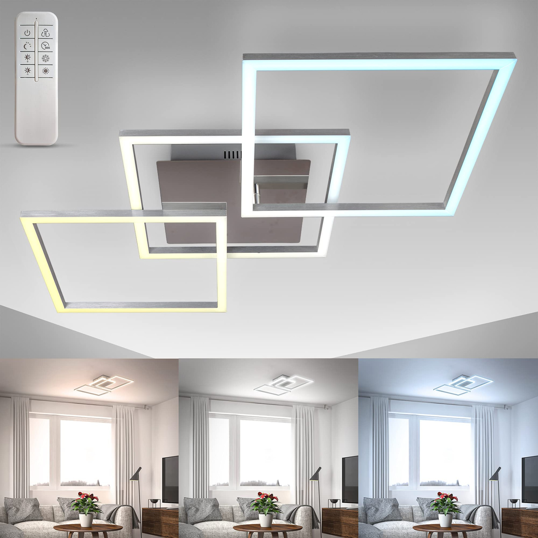 BKLicht - Deckenleuchte LED, Deckenlampe LED - Lampe Wohnzimmer, Dimmbar,  Schwenkbar, Fernbedienung, Multifunktional,  Watt