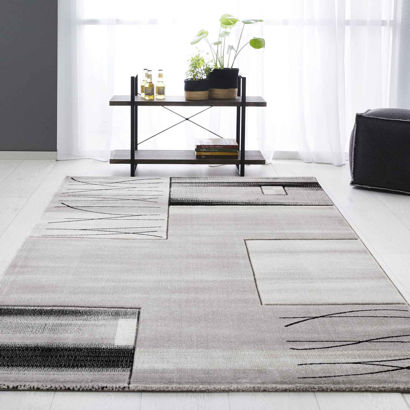 Designer Teppich Wohnzimmer Grau Kacheloptik mit Farbverlauf und  Konturenschnitt florida_grau_-  Vimoda Homestyle