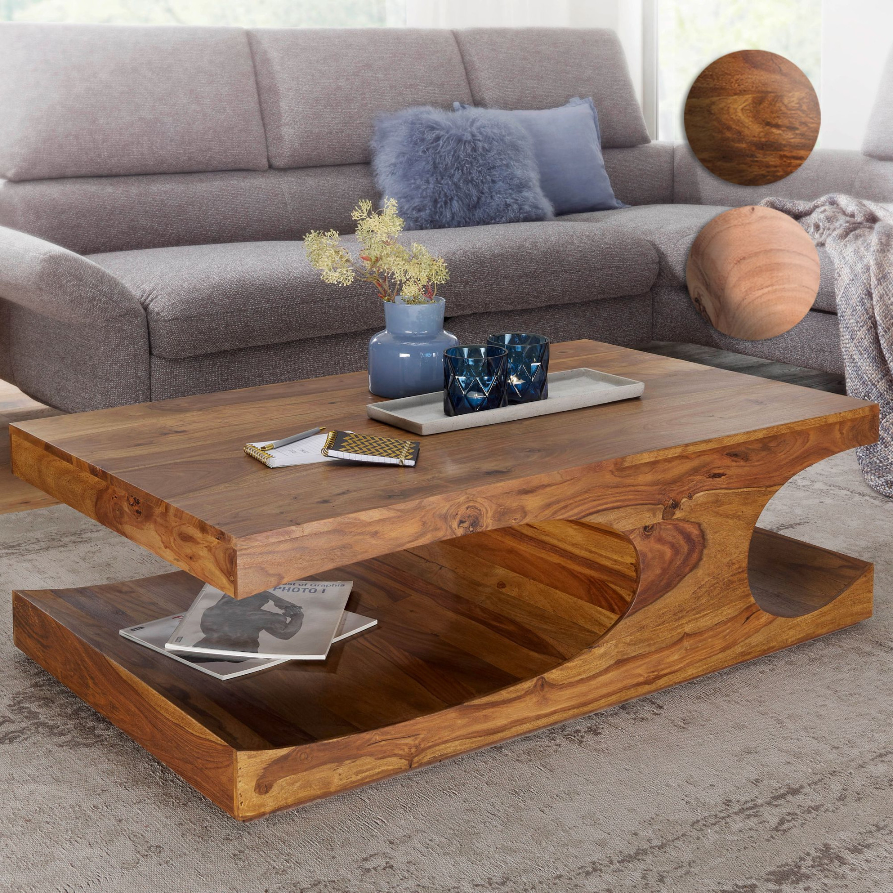 FineBuy Couchtisch Massiv-Holz  cm breit Wohnzimmer-Tisch