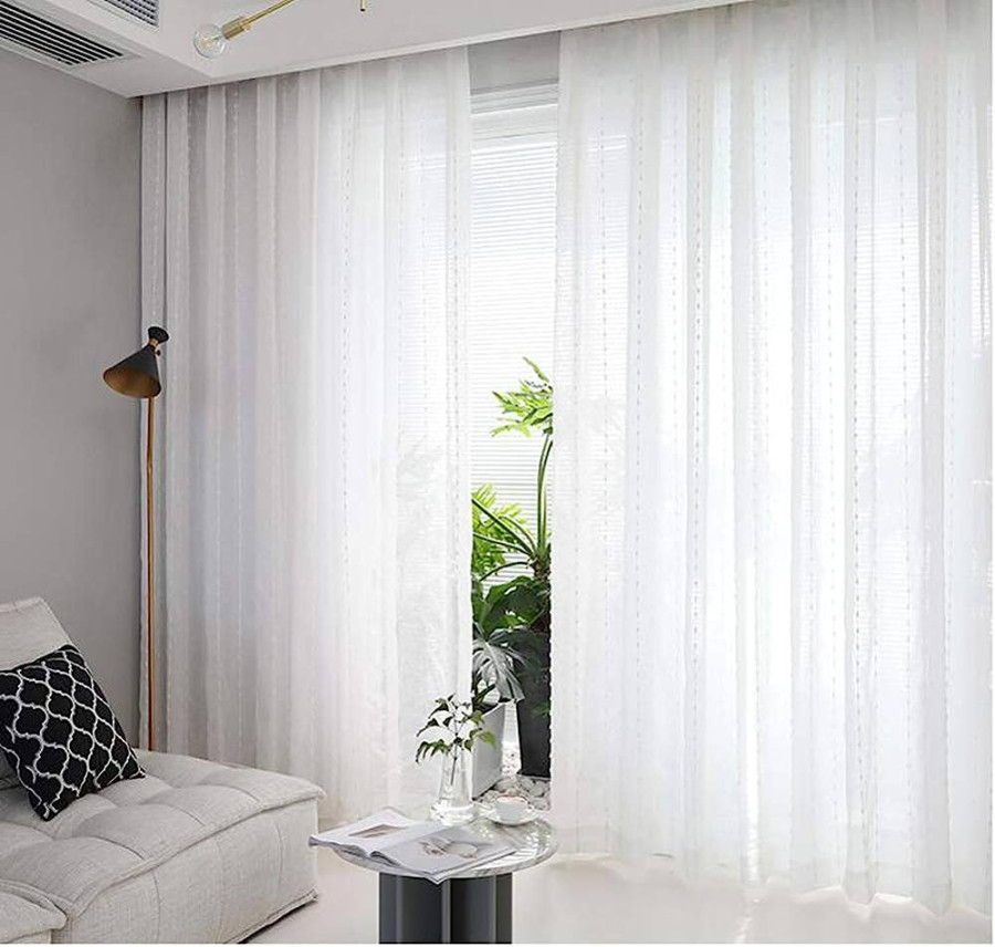 Gardine aus Voile für Wohnzimmer,Stickerei Vorhänge modern und Elegante  Weiss graue,weich/Voile Vorhang,atmungsaktive/halbtransparente Vorhänge