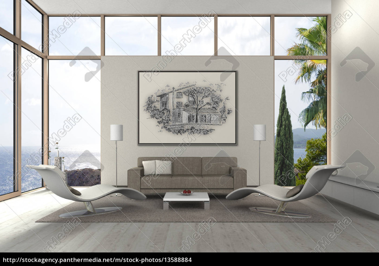 mediterranes modernes Wohnzimmer am Meer - Lizenzfreies Foto