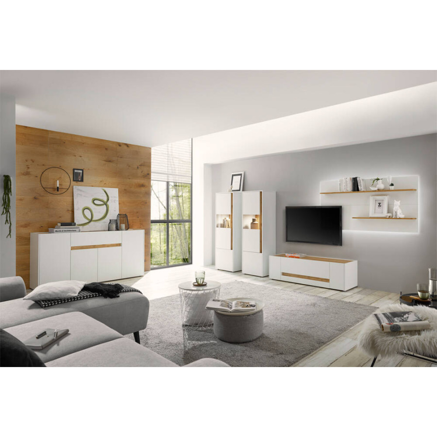 Moderne Wohnzimmer Kombi CRISP- inkl. Beleuchtung in weiß mit Absetzungen  in Wotan Eiche Nb.