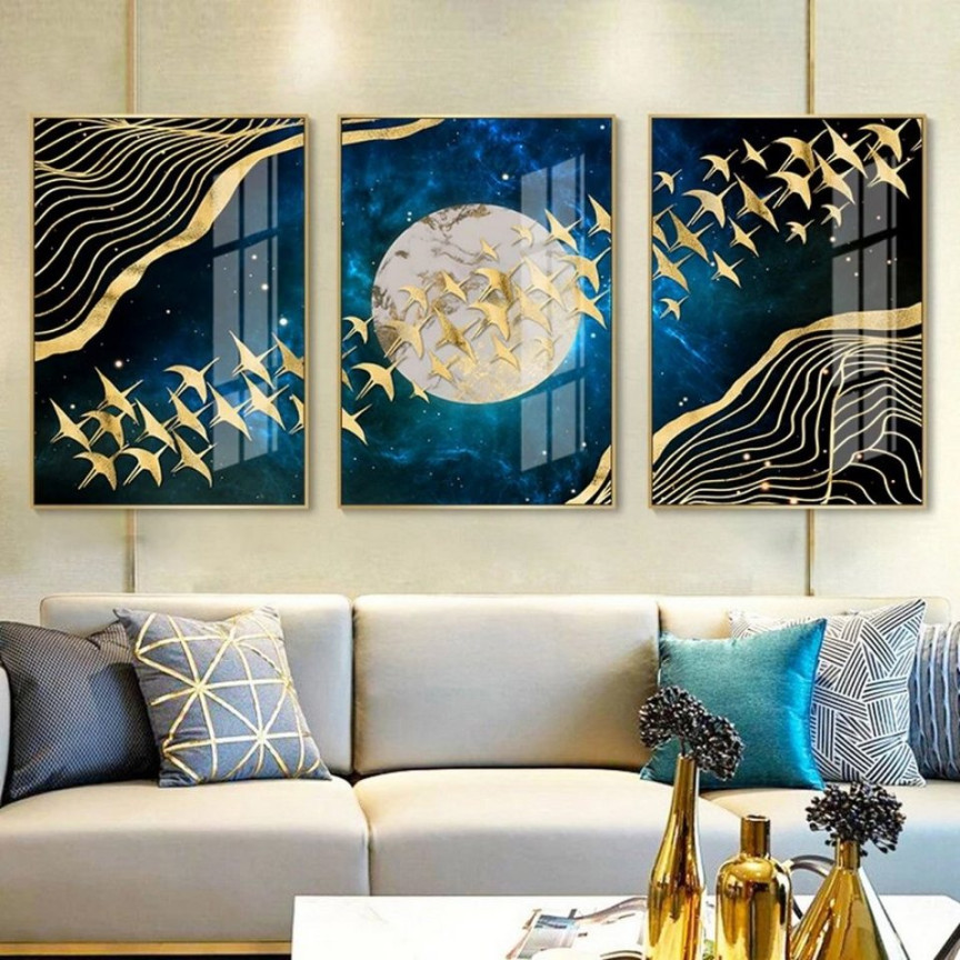 TPFLiving Kunstdruck (OHNE RAHMEN) Poster - Leinwand - Wandbild, Goldene  Vögel auf blauem Hintergrund - Wanddeko Wohnzimmer - ( verschiedene Größen