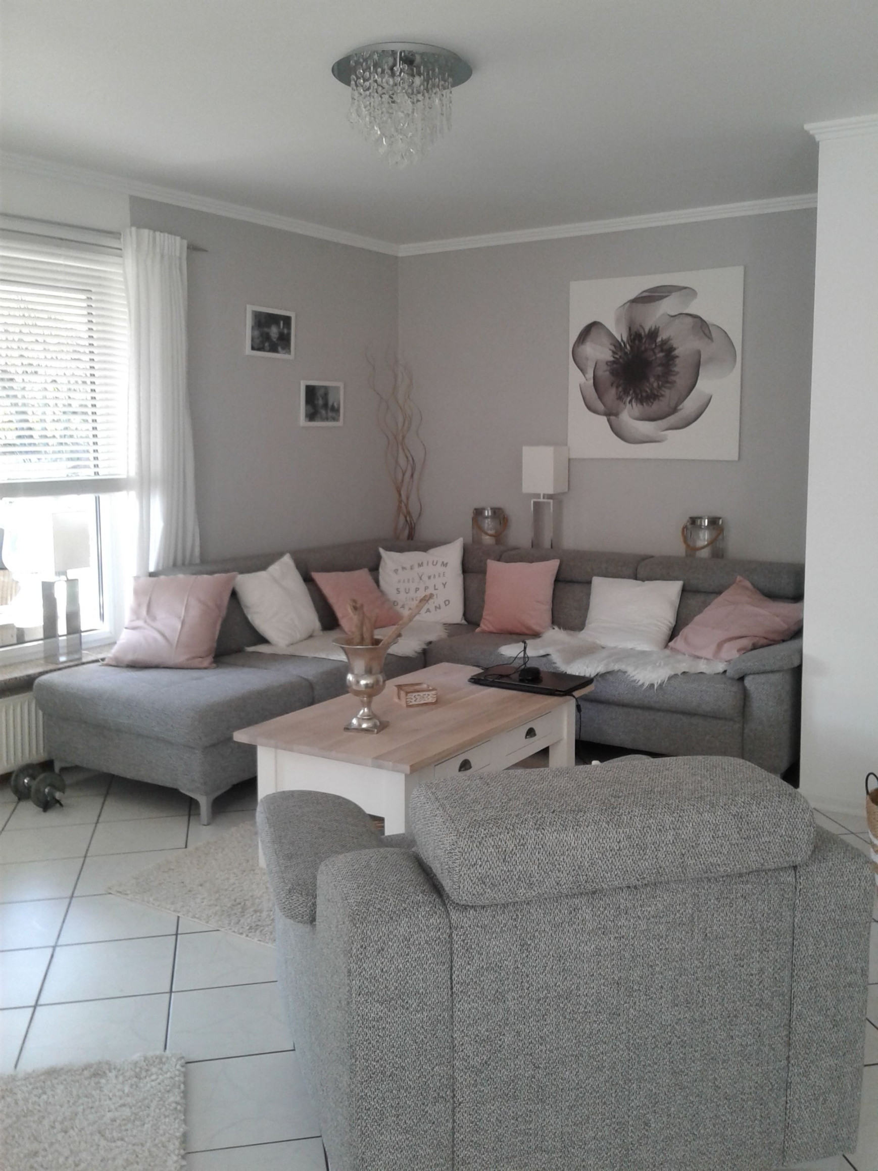 Wohnzimmer in grau- weiß und Farbtupfer in matt rosa  Wohnzimmer