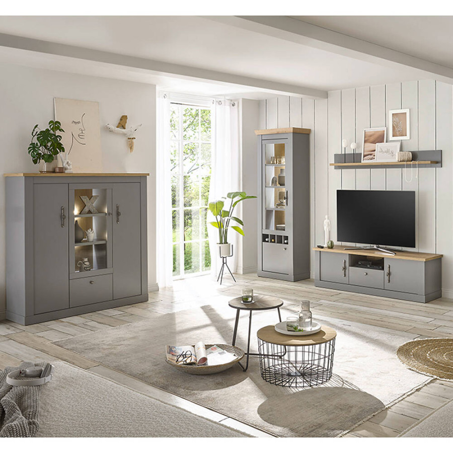 Wohnzimmer Möbel Set im Landhaus Stil mit LED Beleuchtung CHATHAM-, in  grau mit Artisan Eiche Nb.