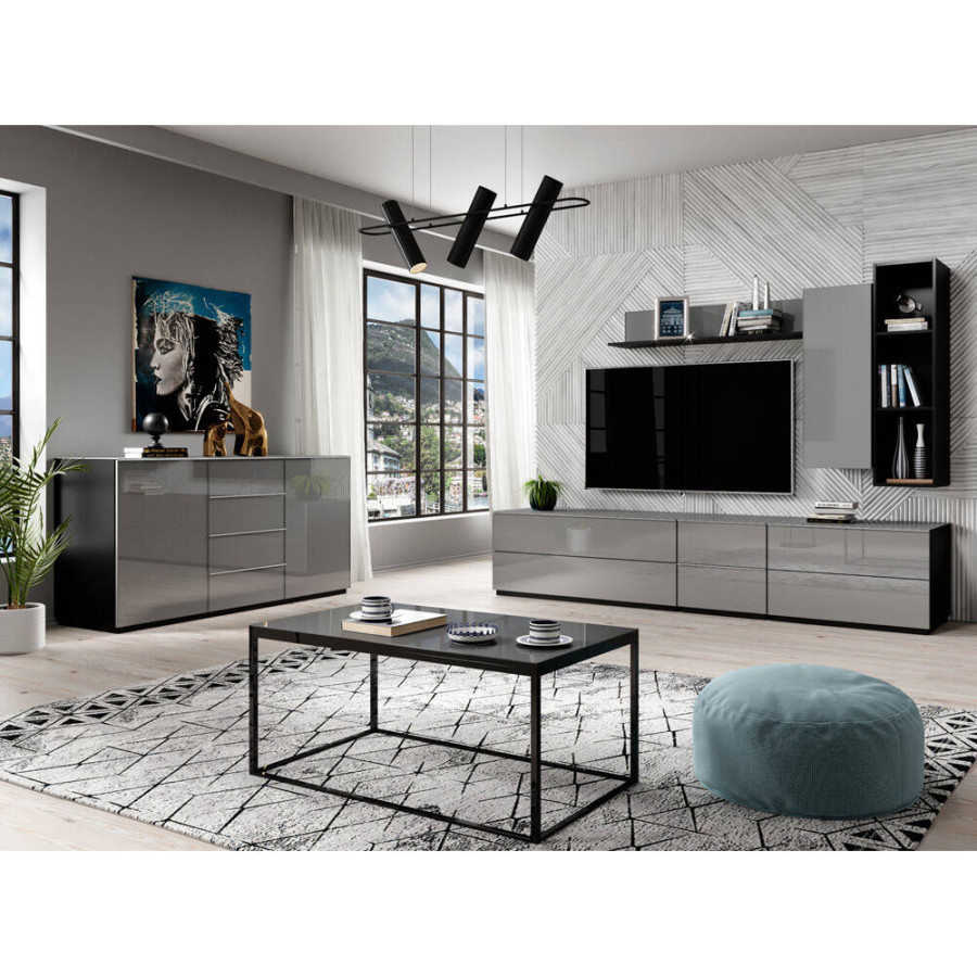Wohnzimmer Möbel Set modern HOOVER- in grau mit Glasfronten, B/H/T: ca