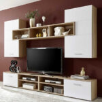 Wohnzimmer TV Wand In Weiß & Sonoma Eiche – Eltania (fünfteilig)
